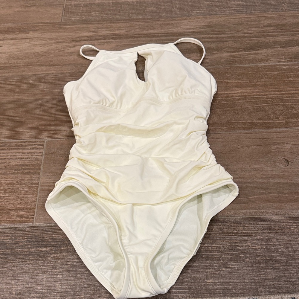 Ellen Tracy Cream Ruched One-Piece Swimsuit with Keyhole